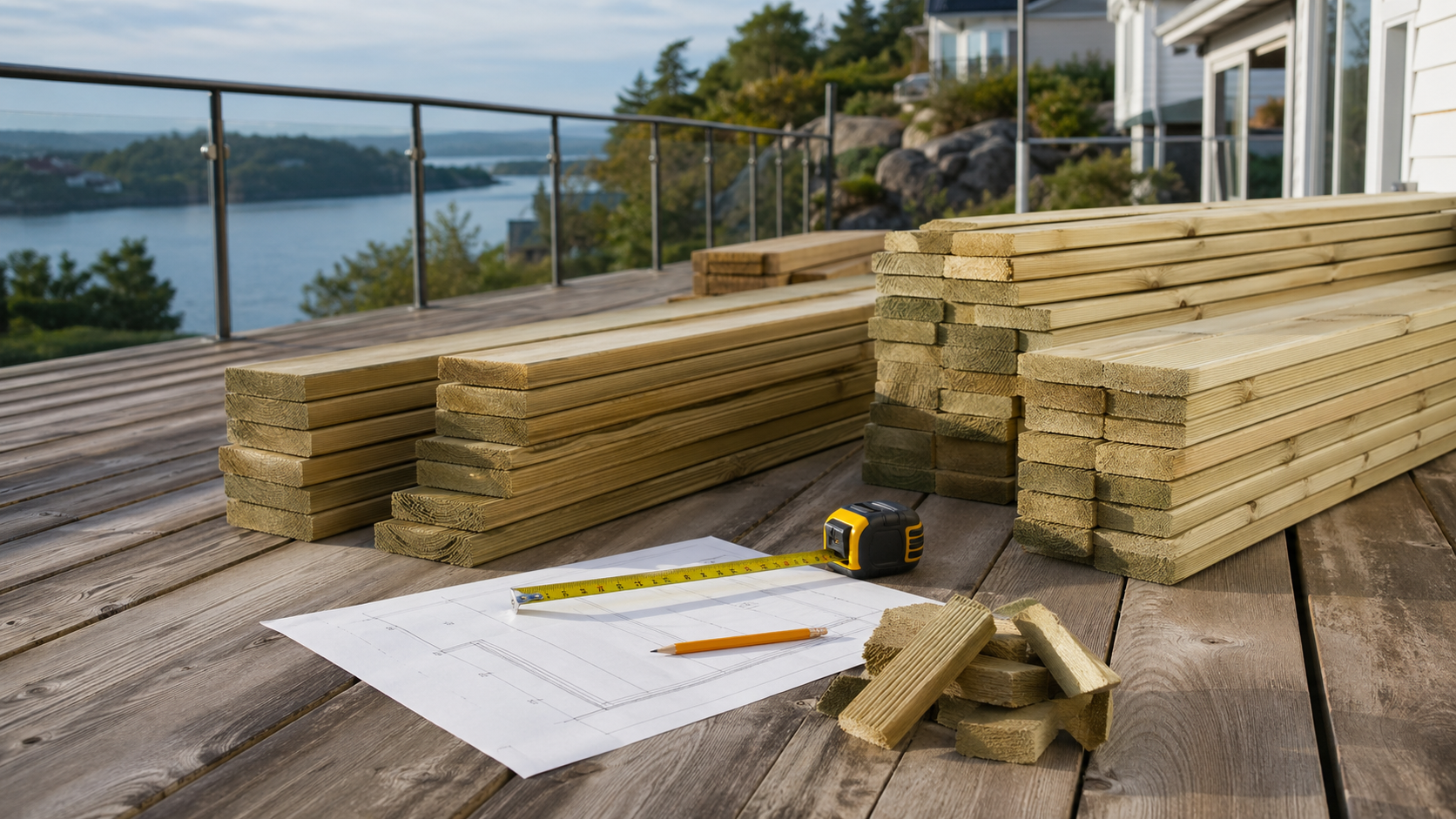 Terrassebord, kappbiter, målebånd og plantegning brukt til å beregne kappsvinn